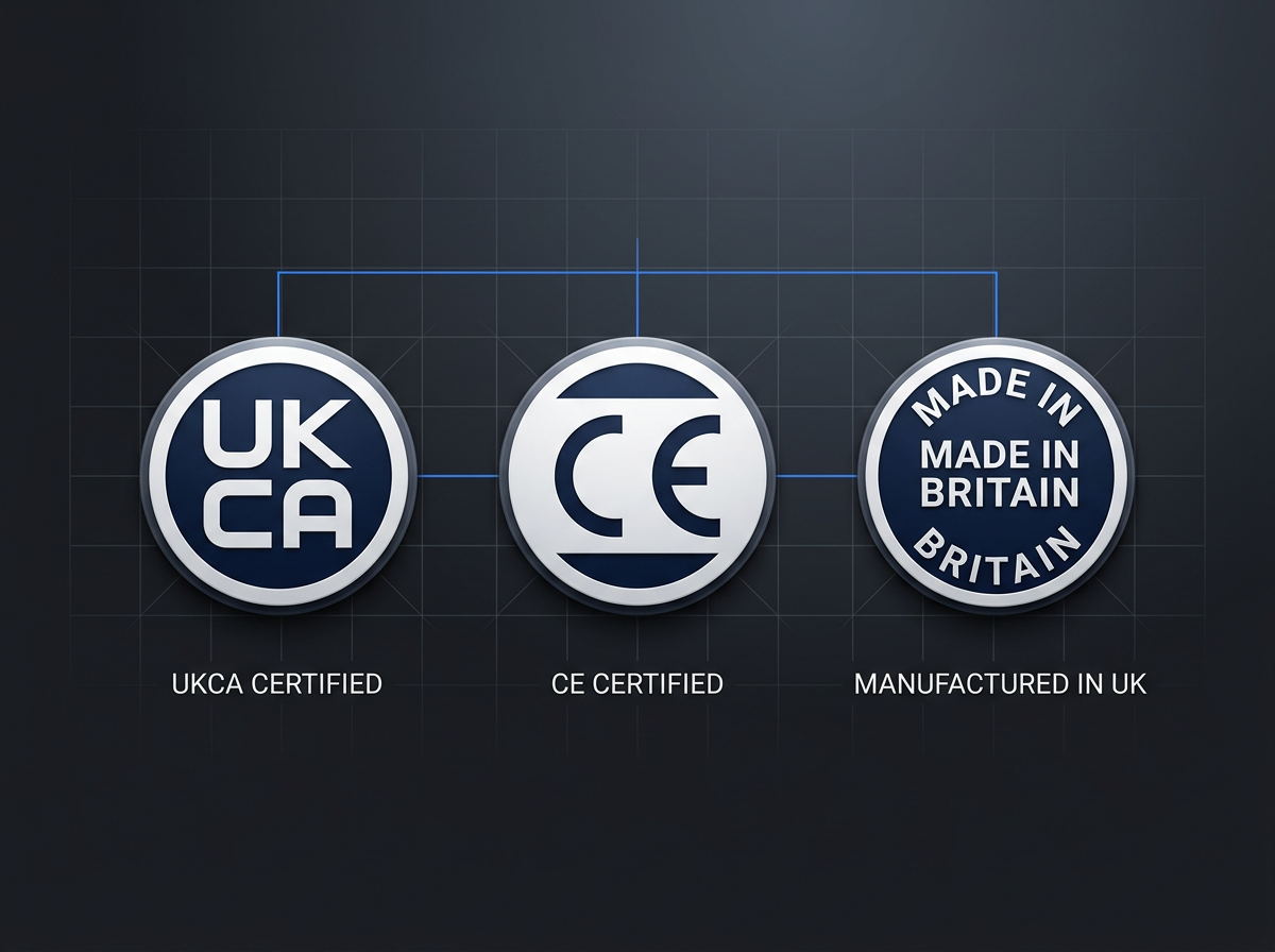 Three certification badges arranged horizontally: CE mark, UKCA mark, and Made in Britain mark, each with white labels below on dark background.