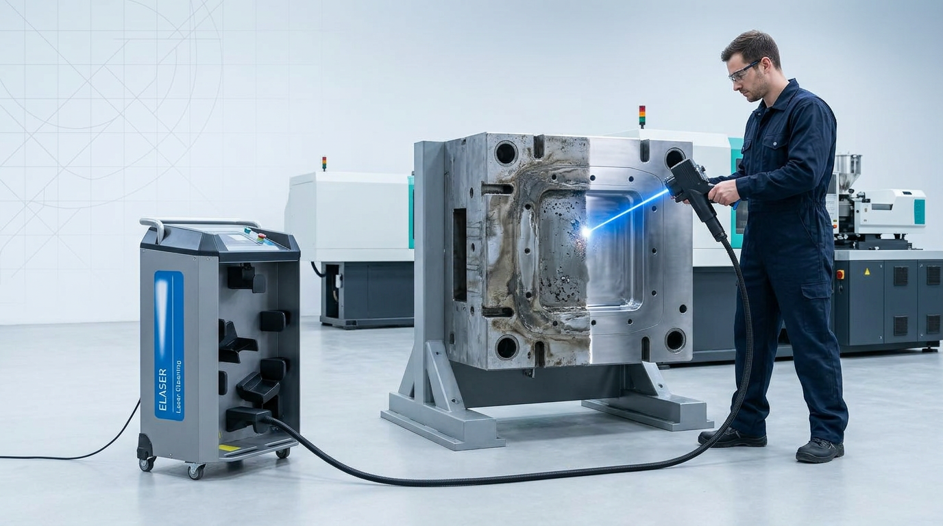 ELASER portable laser cleaning machine on left with extended fiber cable connected to handheld scanner head operated by technician in navy coveralls, directed at injection mould mounted in production fixture, electric blue laser beam cleaning residue from mould surface.