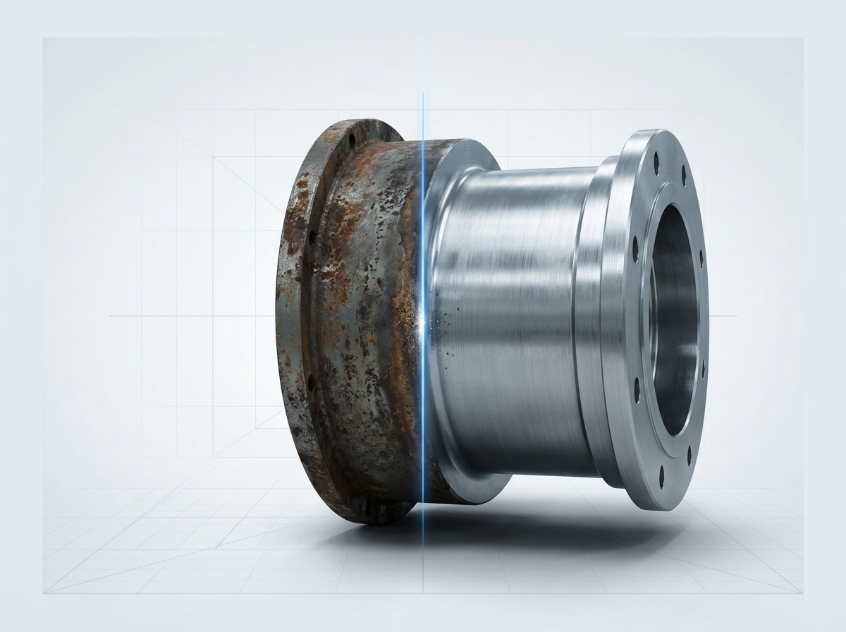Industrial metal component split vertically showing severe rust and corrosion on left half, pristine bare steel on right half, with electric blue laser beam marking the cleaning boundary.