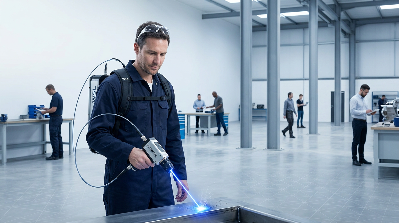 Operator in navy coveralls using ELASER-RHZ handheld laser scanner on industrial metal surface, with electric blue laser glow at contact point; multiple other workers visible in background of open warehouse proceeding with normal tasks.