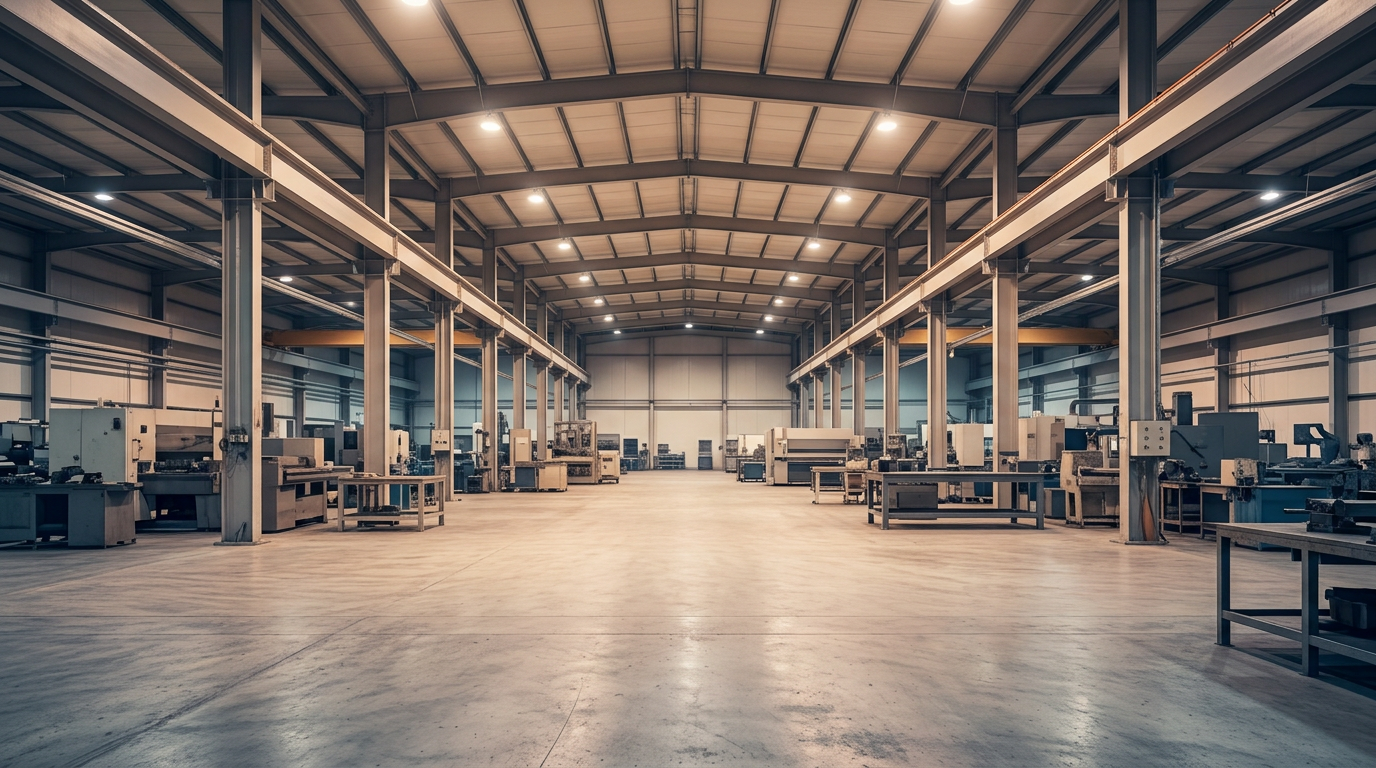 Wide industrial manufacturing facility interior with steel beam structures, concrete flooring, and soft overhead lighting creating a calm, purposeful workspace atmosphere.