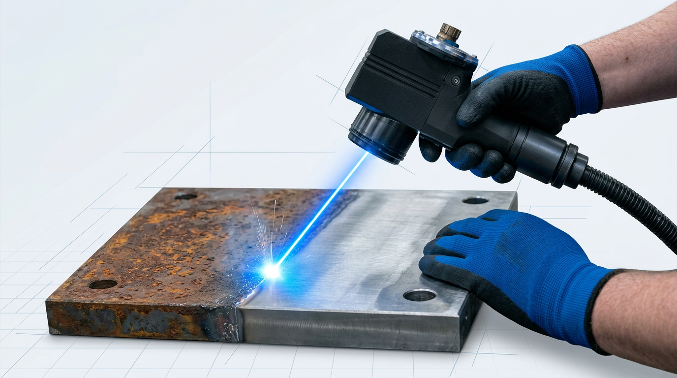 Close-up of laser cleaning head scanning across steel surface, with rusted oxidation on left side and clean bare metal on right, separated by bright electric blue laser beam.