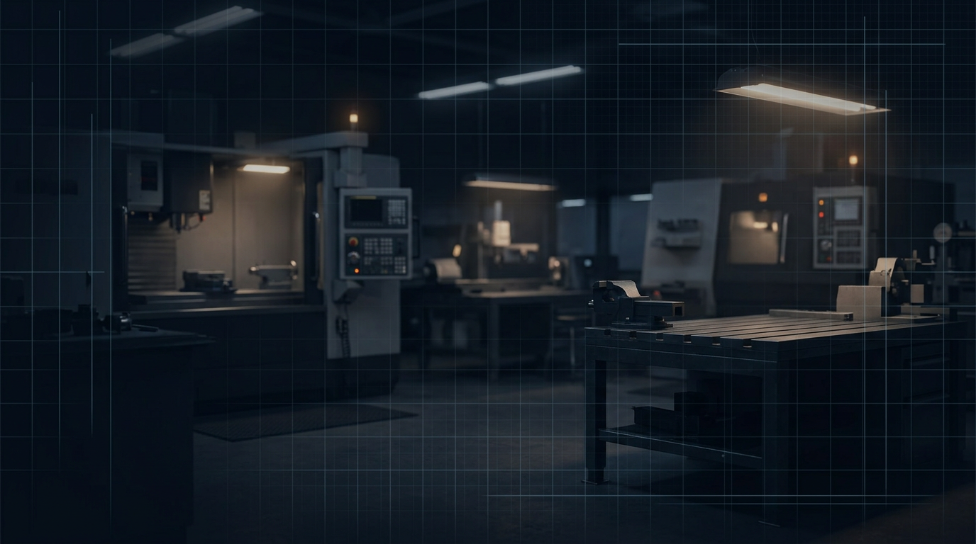 Dark industrial workshop with precision equipment, warm work lights, and geometric grid patterns evoking technical expertise and specialized laser cleaning capabilities.