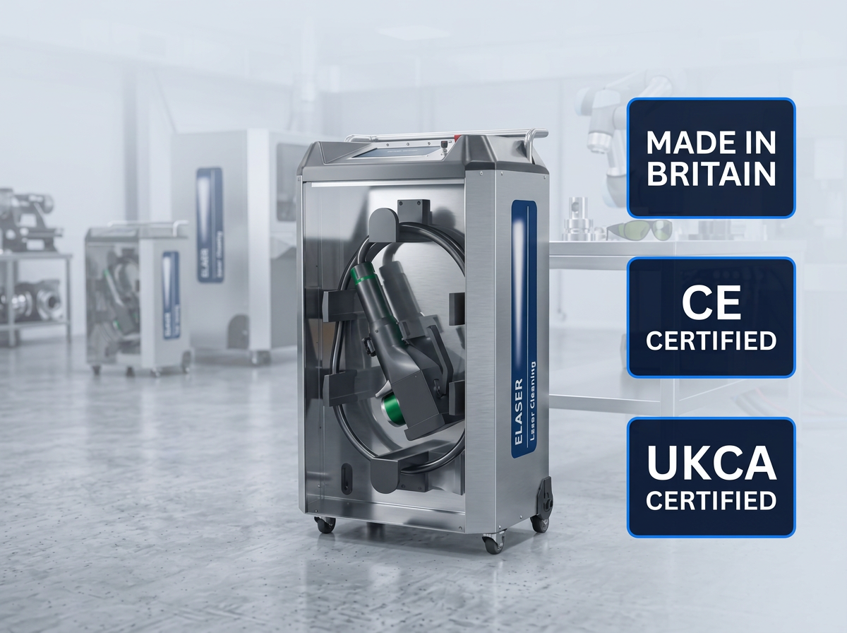 ELASER laser cleaning machine in bright British engineering workshop with three certification badges: Made in Britain, CE Certified, and UKCA Certified displayed on the right.