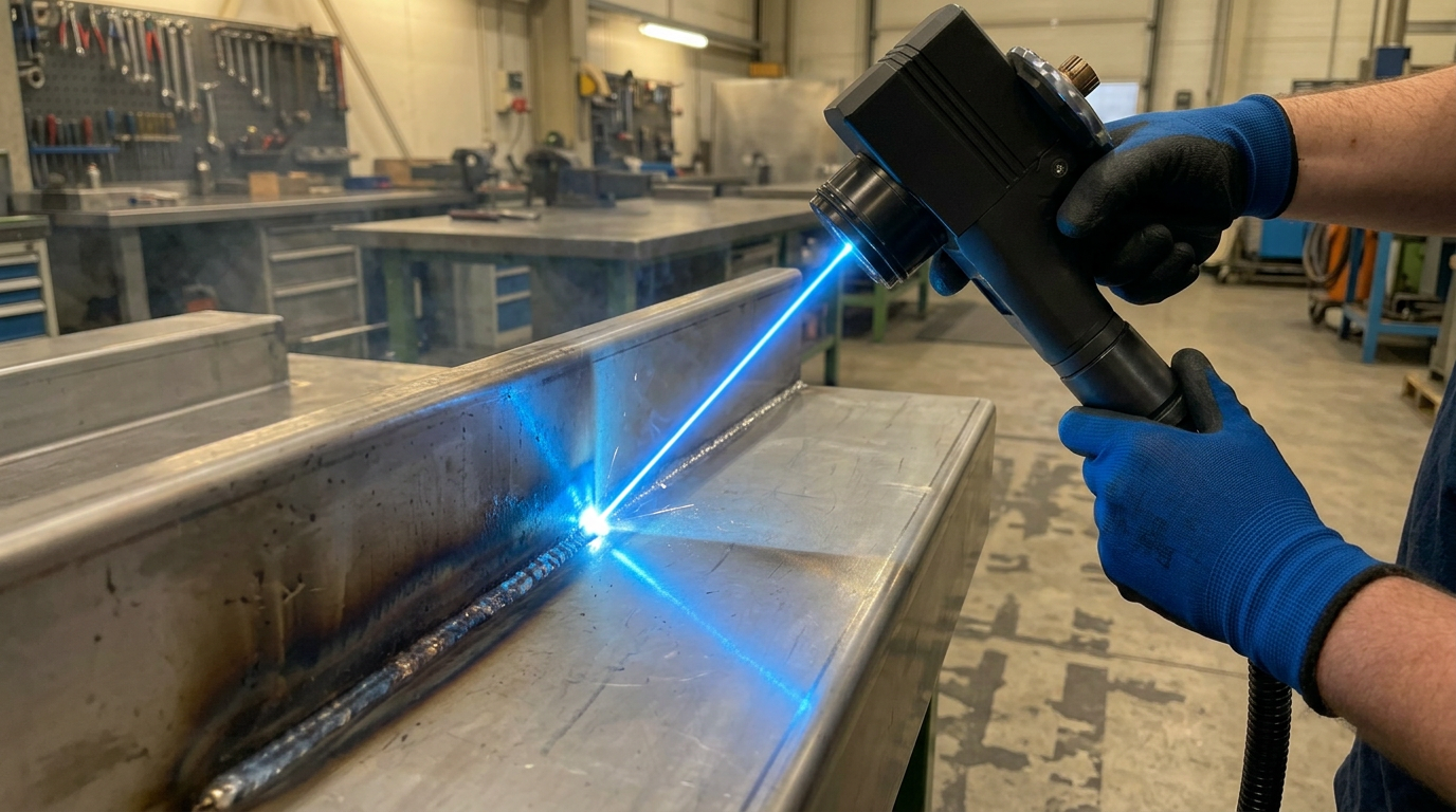 Open fabrication workshop with handheld laser scanner cleaning a stainless steel weld seam, showing bright electric blue laser contact point and stark before-and-after surface contrast.