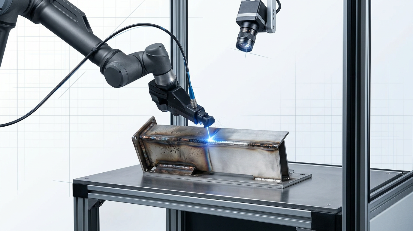 Automated laser cleaning cell with articulated robotic arm scanning stainless steel weld assembly on work platform, machine-vision camera overhead, electric blue laser contact point visible on weld surface.