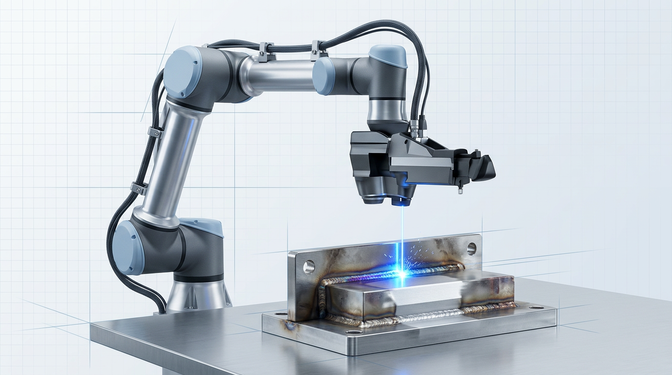 Robotic arm with laser scanner positioned above stainless steel weld assembly on work surface, with bright electric blue laser beam making contact at weld seam during automated cleaning process.