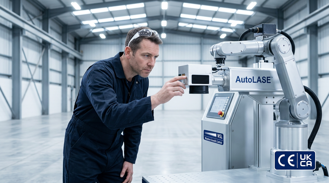 Engineer in navy coveralls inspecting AutoLASE robotic arm system in bright UK manufacturing facility, with CE and UKCA certification marks visible on machine casing.