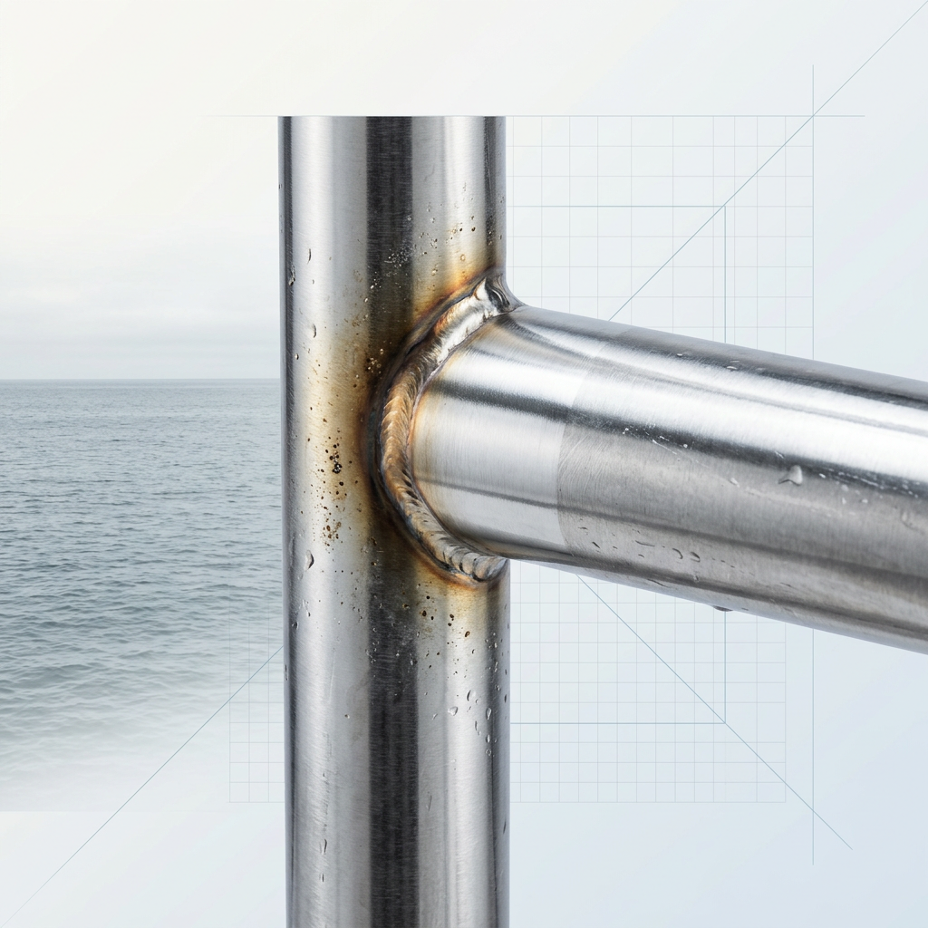 Stainless steel marine railing with polished tubing and vertical support posts, showing contrasting heat-tinted and cleaned weld sections against seawater backdrop