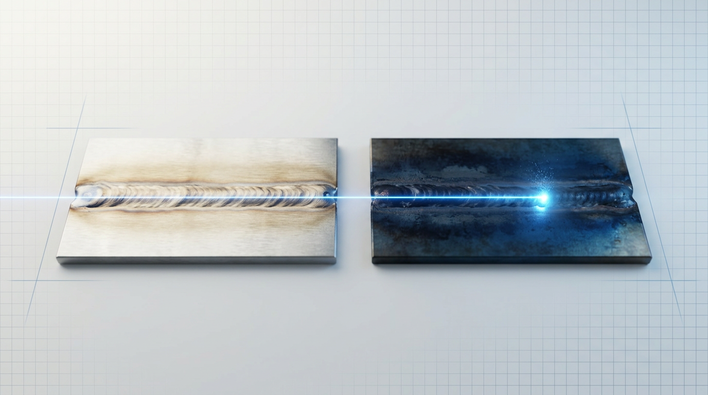 Two stainless steel weld samples side-by-side: left sample with light straw-coloured heat tint, right sample with heavy dark blue oxide layer, both illuminated by electric blue laser beam demonstrating power tunability for post-weld cleaning.