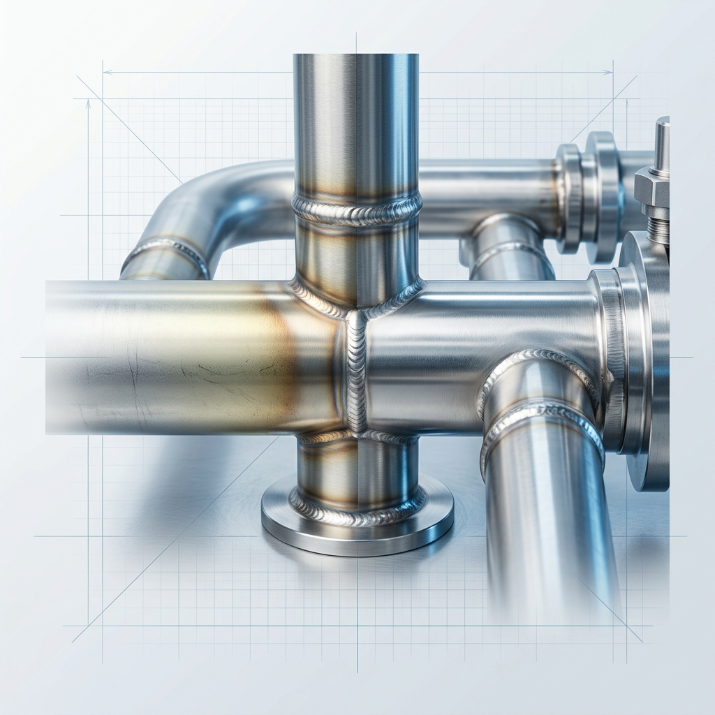 Stainless steel welded manifold assembly showing sharp contrast between heat-tinted and cleaned surfaces at a central weld joint, illustrating post-weld cleaning for compliance.