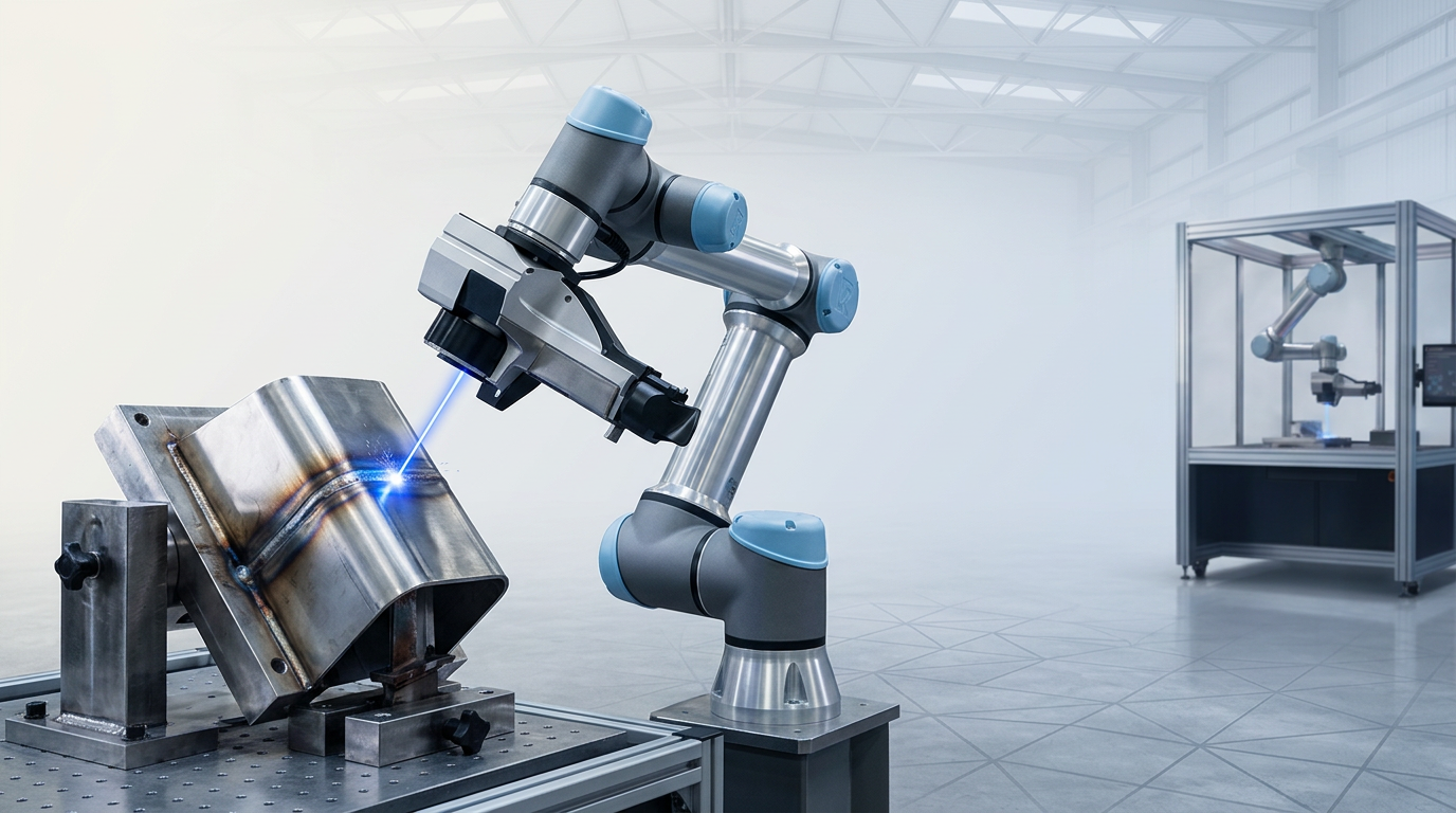 Collaborative robot arm with mounted laser cleaning head actively cleaning a stainless steel weld assembly with electric blue laser line, second complete AutoLASE cell visible out of focus in background.