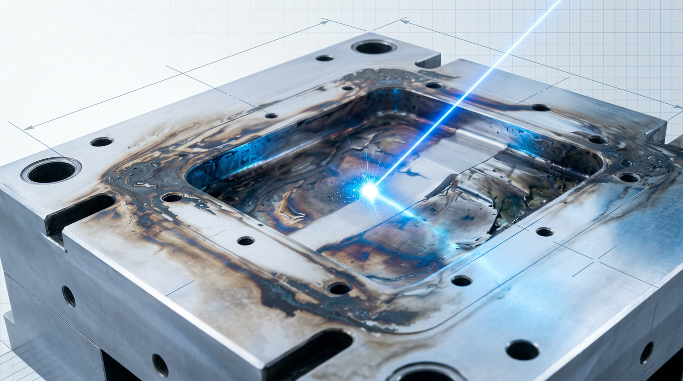 Close-up of stainless steel weld with electric blue laser beam vaporizing heat tint oxide layer, showing clean bare steel beneath on light gradient background