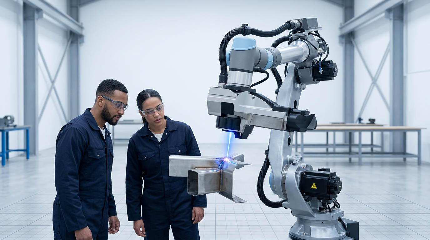 AutoLASE robotic arm performing laser cleaning on stainless steel welds in open workshop with two engineers working nearby without safety enclosure, demonstrating RHZ capability.