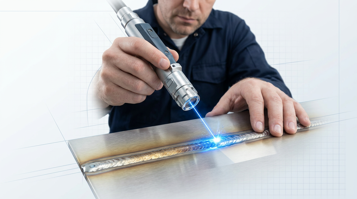 Technician holding laser cleaning handpiece millimeters above stainless steel weld with visible heat tint, electric blue laser beam striking oxide layer while base metal remains untouched.
