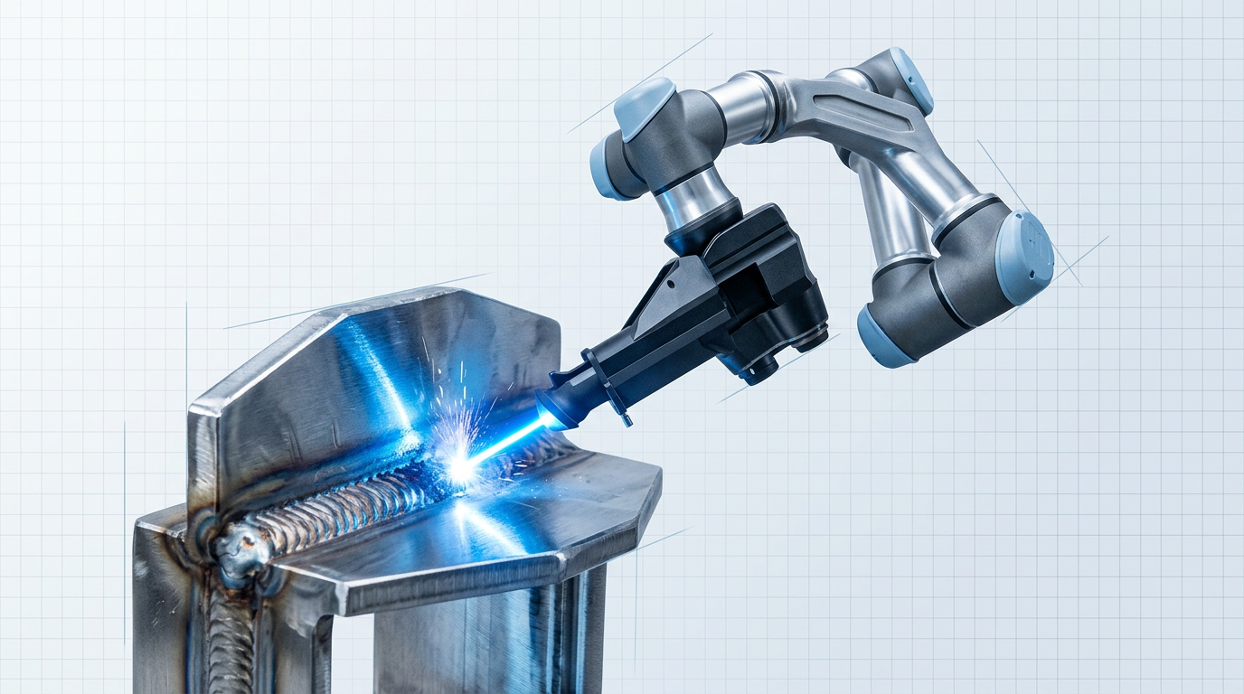 Multi-axis articulated robotic arm with laser cleaning head positioned at acute angle against complex stainless steel weld joint, electric blue laser light cleaning the weld surface.