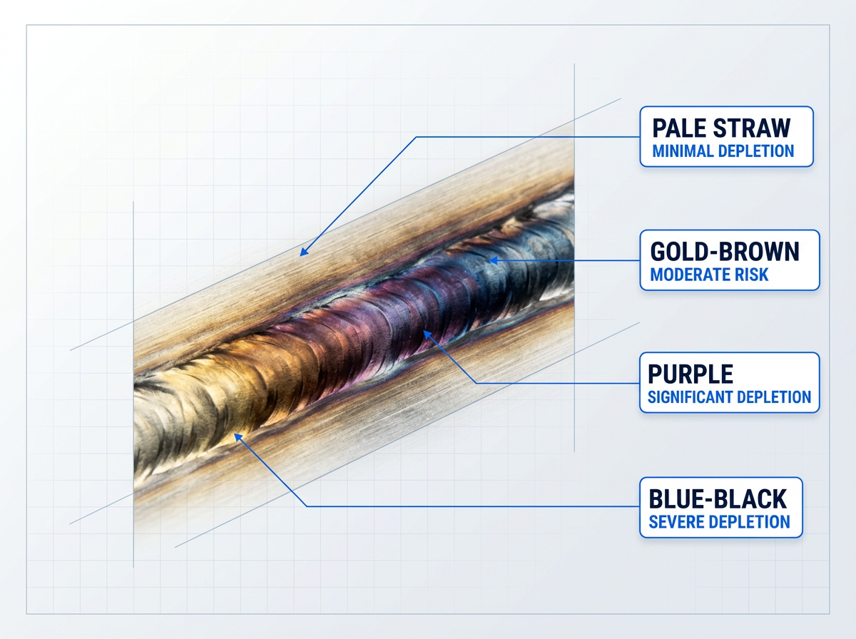 Close-up of stainless steel weld bead showing heat tint color spectrum from pale straw at outer edges through gold and brown to purple and dark blue-black at centerline, with diagnostic labels indicating chromium depletion severity at each color band.