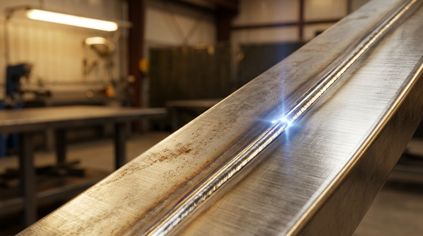 Close-up of a freshly laser-cleaned stainless steel weld seam gleaming under warm workshop lighting, with electric blue laser glow at the ablation point and blurred industrial fabrication environment in background.