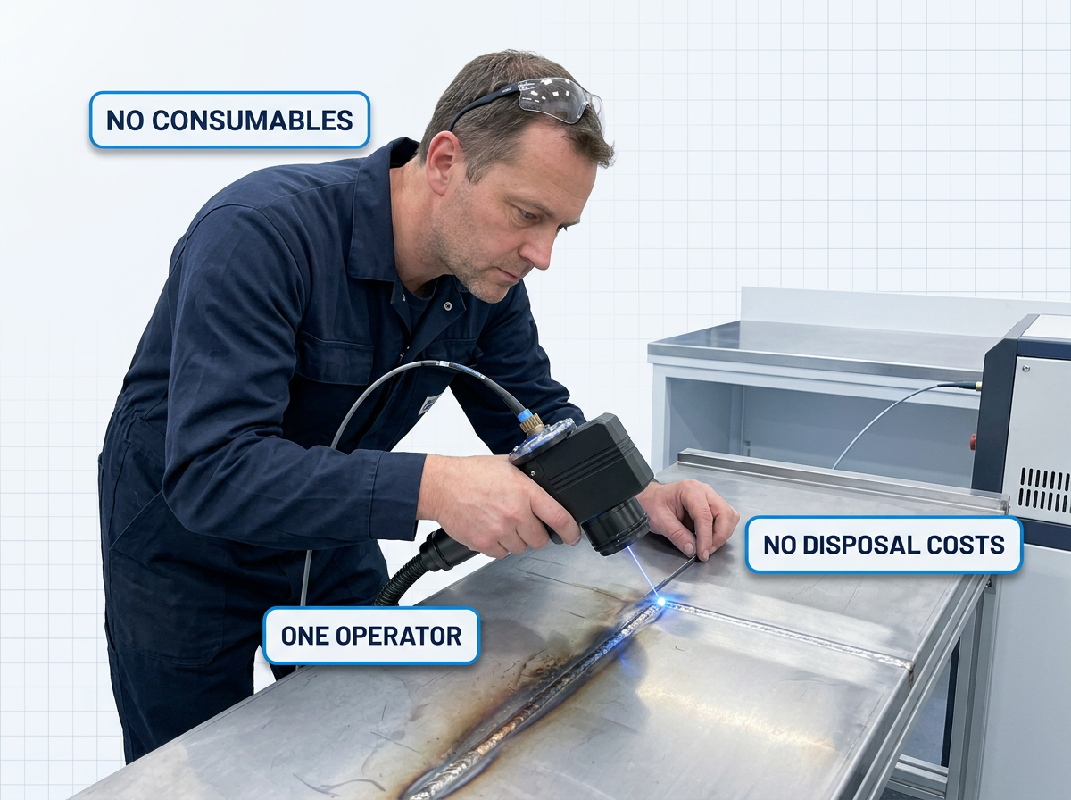 Operator in navy coveralls guiding ELASER handheld laser scanner along stainless steel weld seam on fabrication bench; cleaned weld surface glows bright behind scanner head with electric blue laser contact point visible.