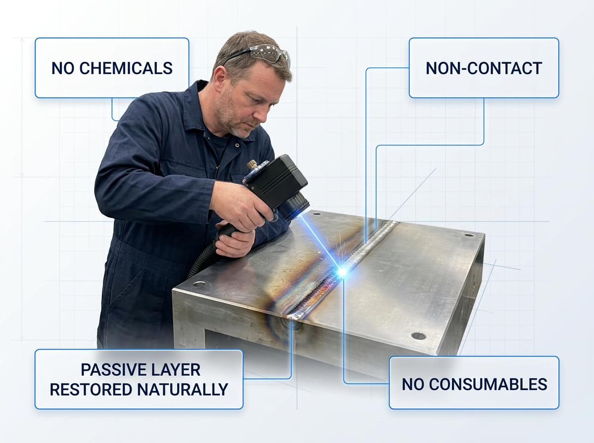 Engineer in navy coveralls using WSL ELASER handheld laser scanner on stainless steel weld; left side shows oxidized heat tint, right side shows clean bare metal where laser has passed, with electric blue contact point glowing at the dividing line.