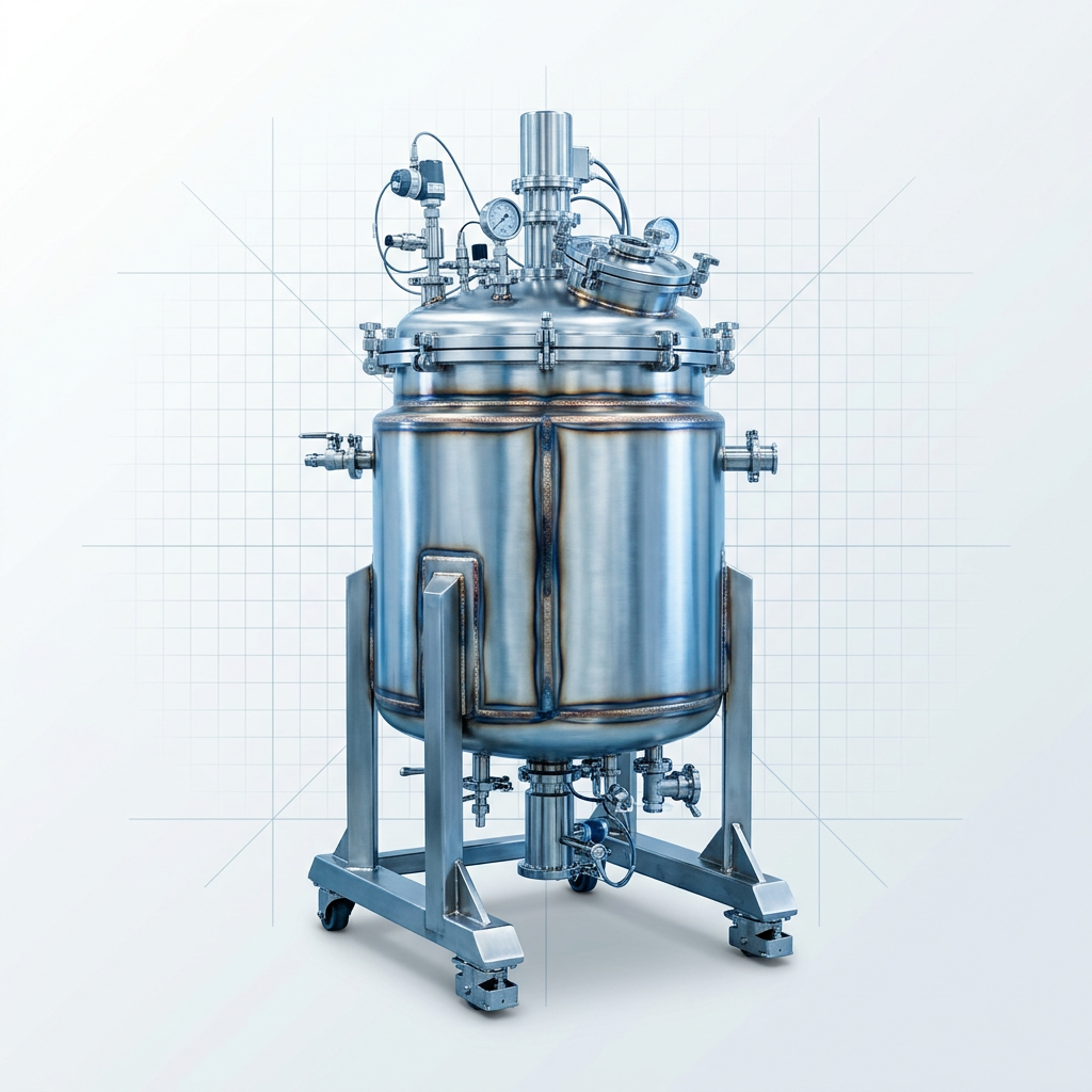 Stainless steel bioreactor vessel with visible welded seams showing heat tint discoloration contrasting with polished base metal, mounted on support frame with control instrumentation.