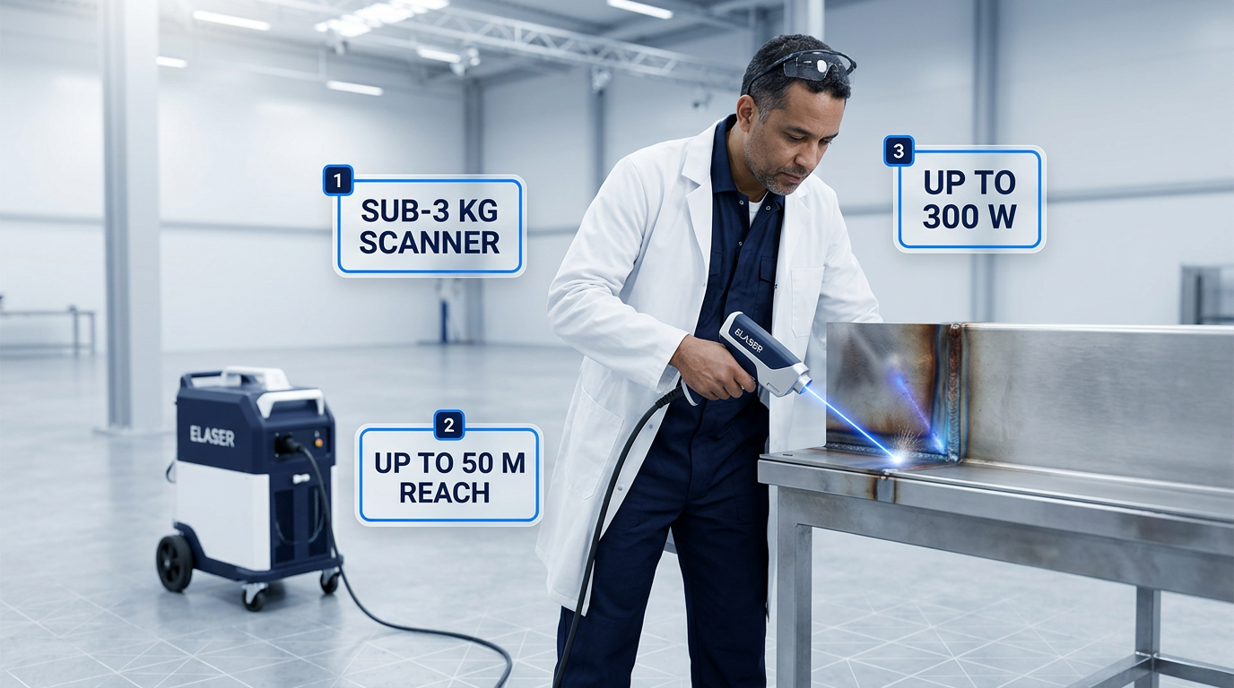 Operator in dark coveralls and lab coat uses handheld ELASER laser scanner on stainless steel weld seam; wheeled ELASER unit visible nearby on fabrication floor with electric blue laser contact point showing active cleaning.