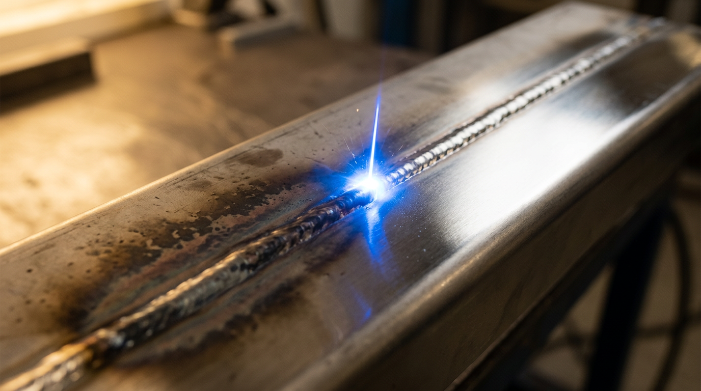 Close-up of stainless steel weld seam with dark oxidation on left side transitioning to mirror-bright cleaned surface on right, laser beam glowing electric blue at contact point.