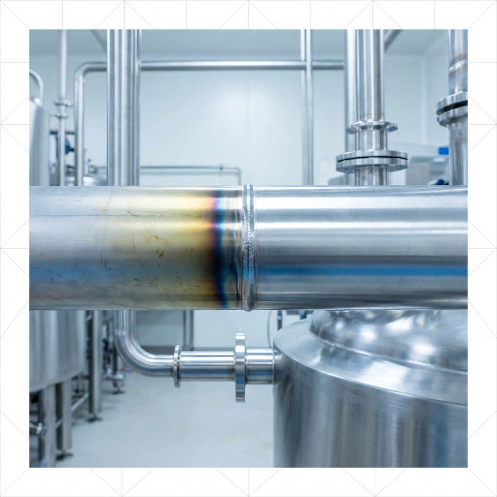 Stainless steel welded tank seam in food processing facility showing heat-tinted discolored side contrasting with clean polished surface, hygienic fittings visible.