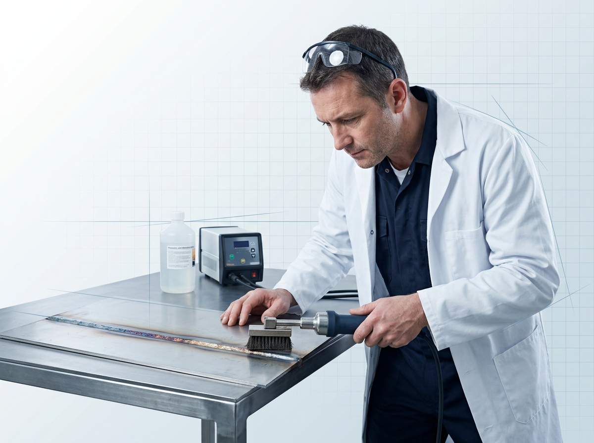 Technician in navy coveralls applying electrochemical weld cleaning tool with carbon brush to stainless steel weld seam, with phosphoric acid electrolyte bottle and power unit visible on work table.