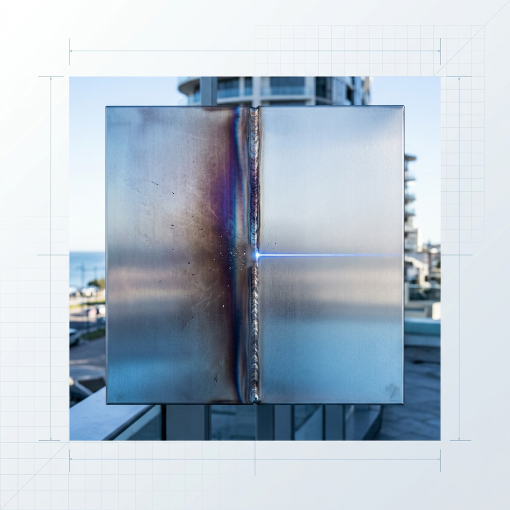 Stainless steel architectural panel with vertical weld joint: left side shows heat tint discoloration in purple and brown; right side shows clean silvery finish; electric blue laser beam divides the surfaces at the cleaning line.
