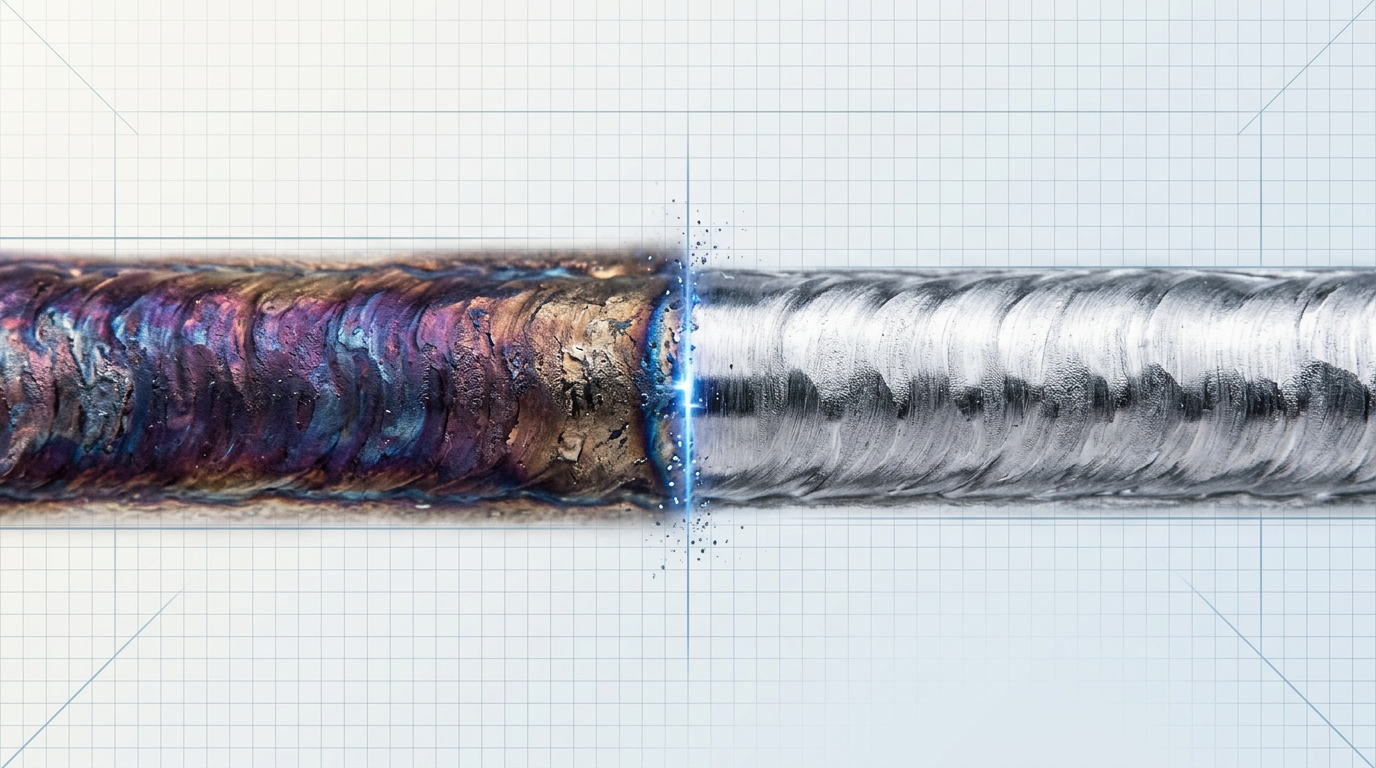 Macro close-up of stainless steel weld bead showing before and after laser cleaning: left side displays heavy purple and bronze heat tint oxidation; right side shows bare polished steel with sharp dividing line and electric blue laser contact glow.
