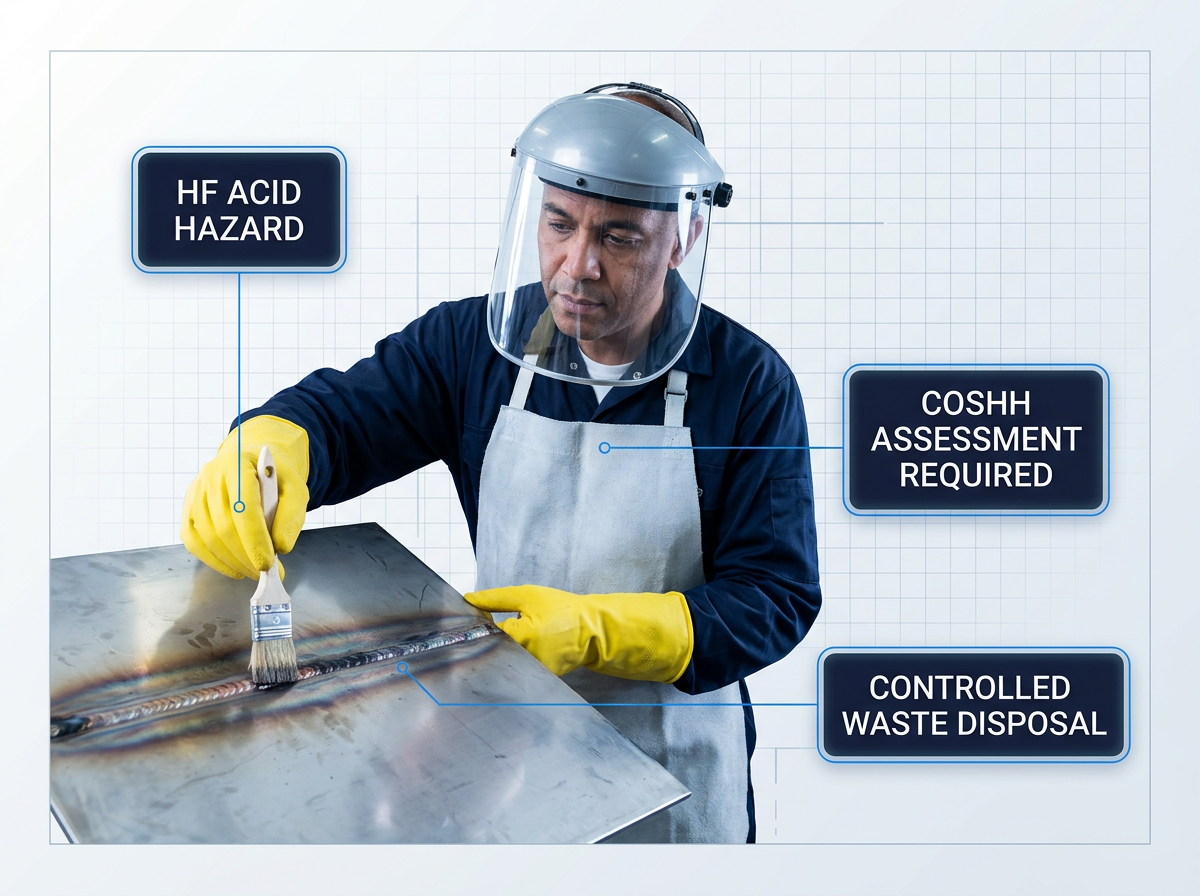 Fabricator in full chemical PPE applying pickling paste to a stainless steel weld, with three safety hazard badges overlaid highlighting HF acid hazard, COSHH assessment requirement, and controlled waste disposal.