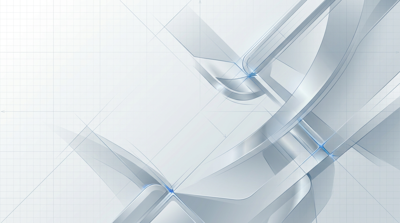 Abstract metallic forms and geometric patterns on light gradient background suggesting robotic motion and automated precision manufacturing.