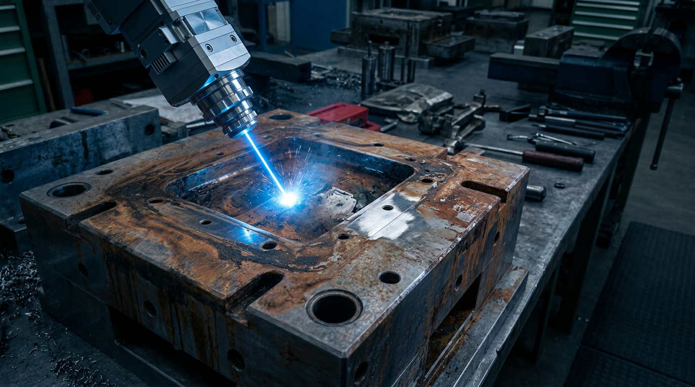 Industrial laser cleaning head in active operation on heavily corroded steel surface, with bright electric blue ablation point and particle dispersal visible against dark workshop environment.