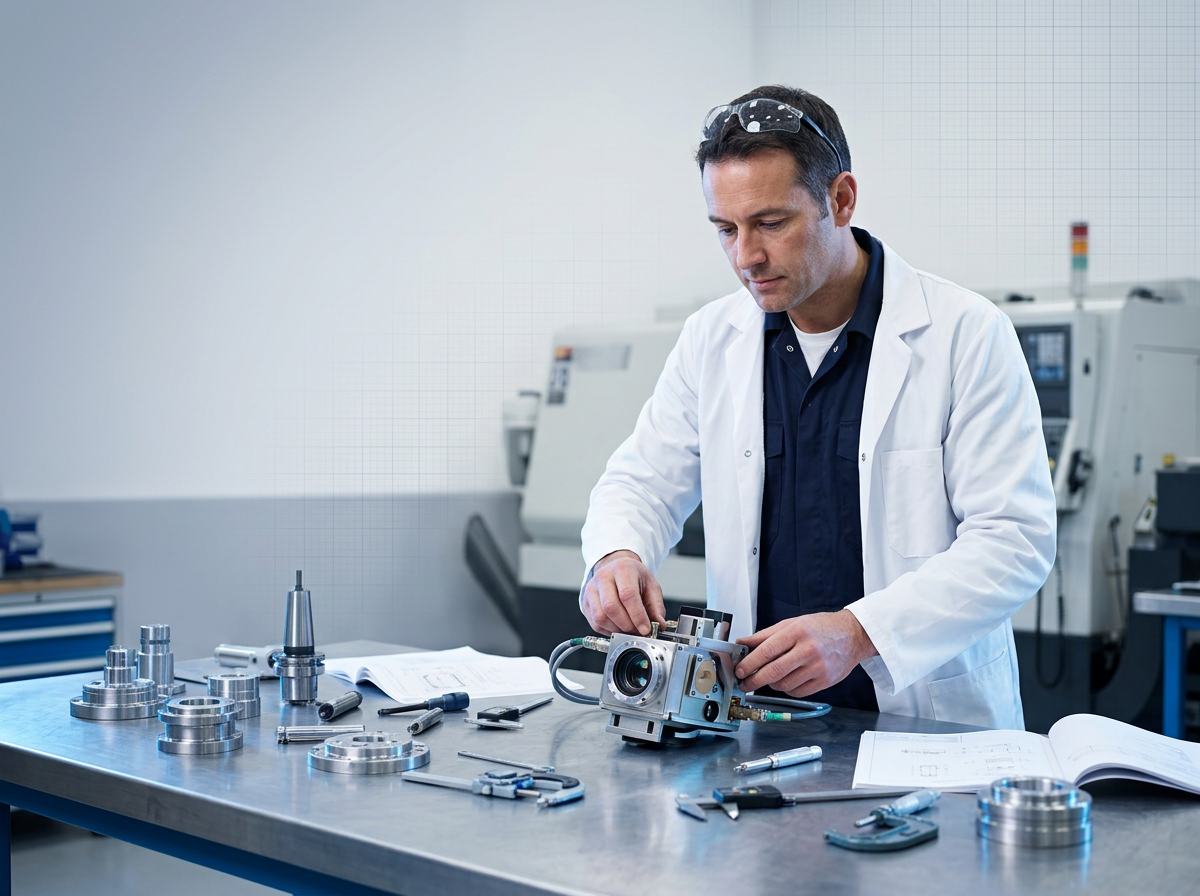 Skilled technician in dark navy coveralls and white lab coat working on laser scanner component at bright industrial workbench, surrounded by precision tools and machined metal parts.