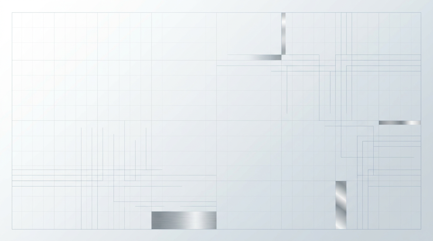 Clean technical workspace background with soft off-white to cool grey gradient, faint geometric grid pattern, and subtle light blue construction lines suggesting precision engineering and manufacturing rigour.