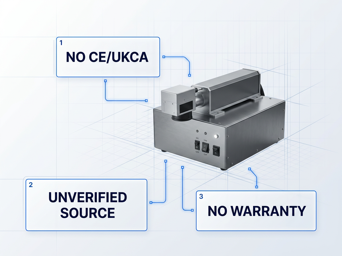 Low-spec laser cleaning unit with three labeled compliance gaps: No CE/UKCA, Unverified Source, No Warranty, positioned as e-commerce product listing.