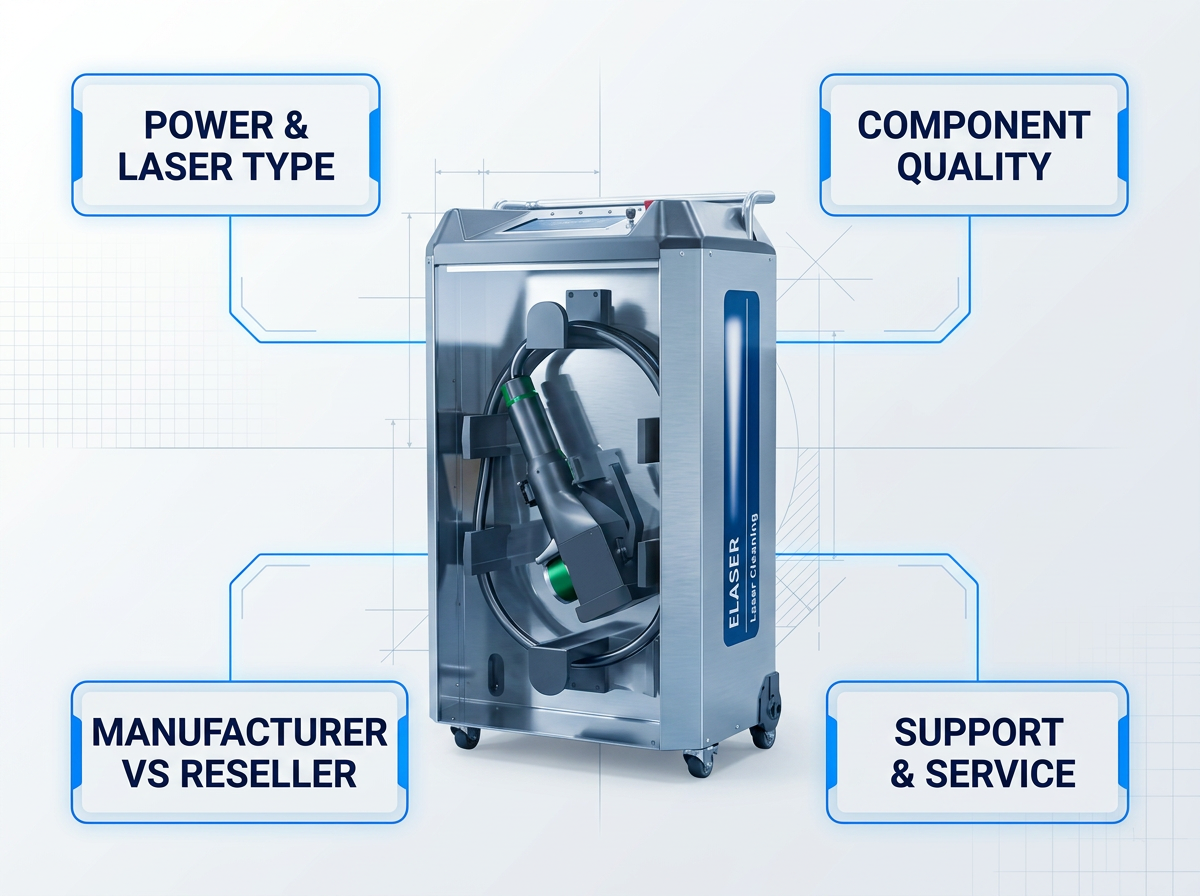 Laser cleaning machine centered with four labeled cost-driver segments arranged in quadrants around it: power and laser type, component quality, manufacturer versus reseller structure, and support and service infrastructure.