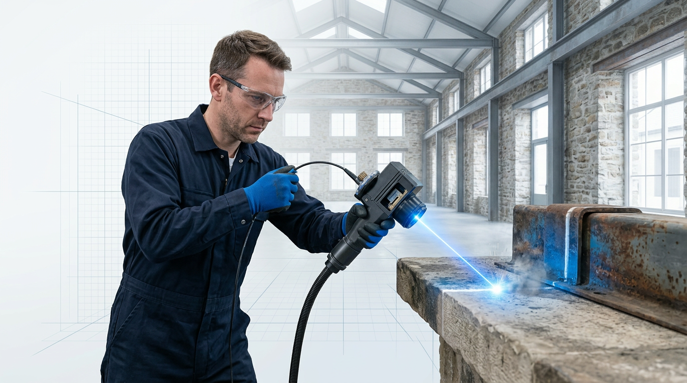 Engineer in navy coveralls operating ELASER laser cleaning scanner on weathered stone surface in open heritage workshop, with electric blue laser contact point visible and clean material revealed.