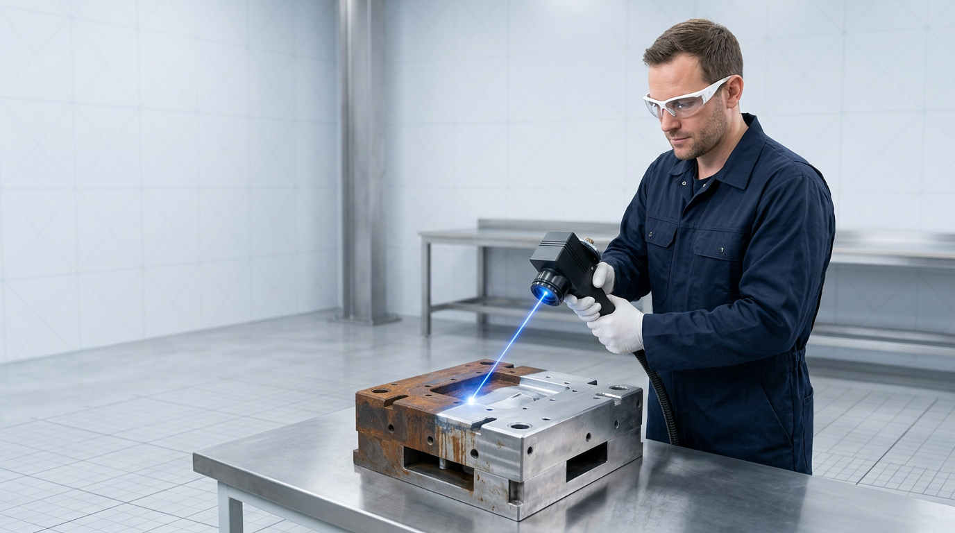 Focused engineer in navy coveralls operating handheld laser cleaning scanner on metal workpiece, showing rust removal with electric blue laser beam creating stark before-after contrast on the surface.