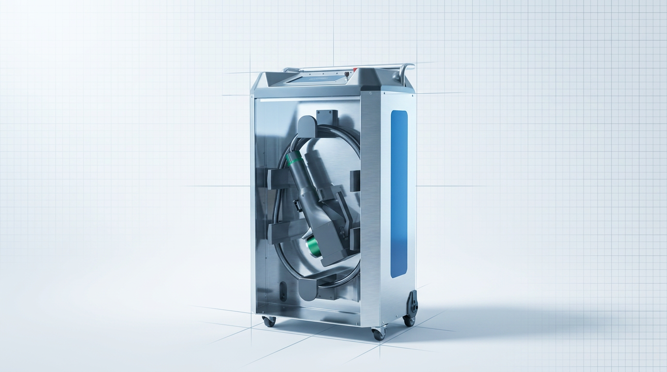 WSL ELASER laser cleaning machine in upright cabinet form with metal surfaces and coiled fiber cable, positioned against a light technical workspace background with subtle grid pattern.