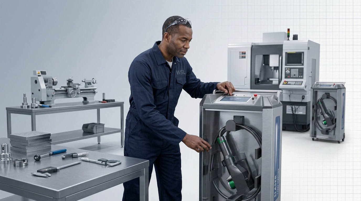 Engineer in dark coveralls examining ELASER laser cleaning machine in bright workshop, performing hands-on diagnostics with focused attention.