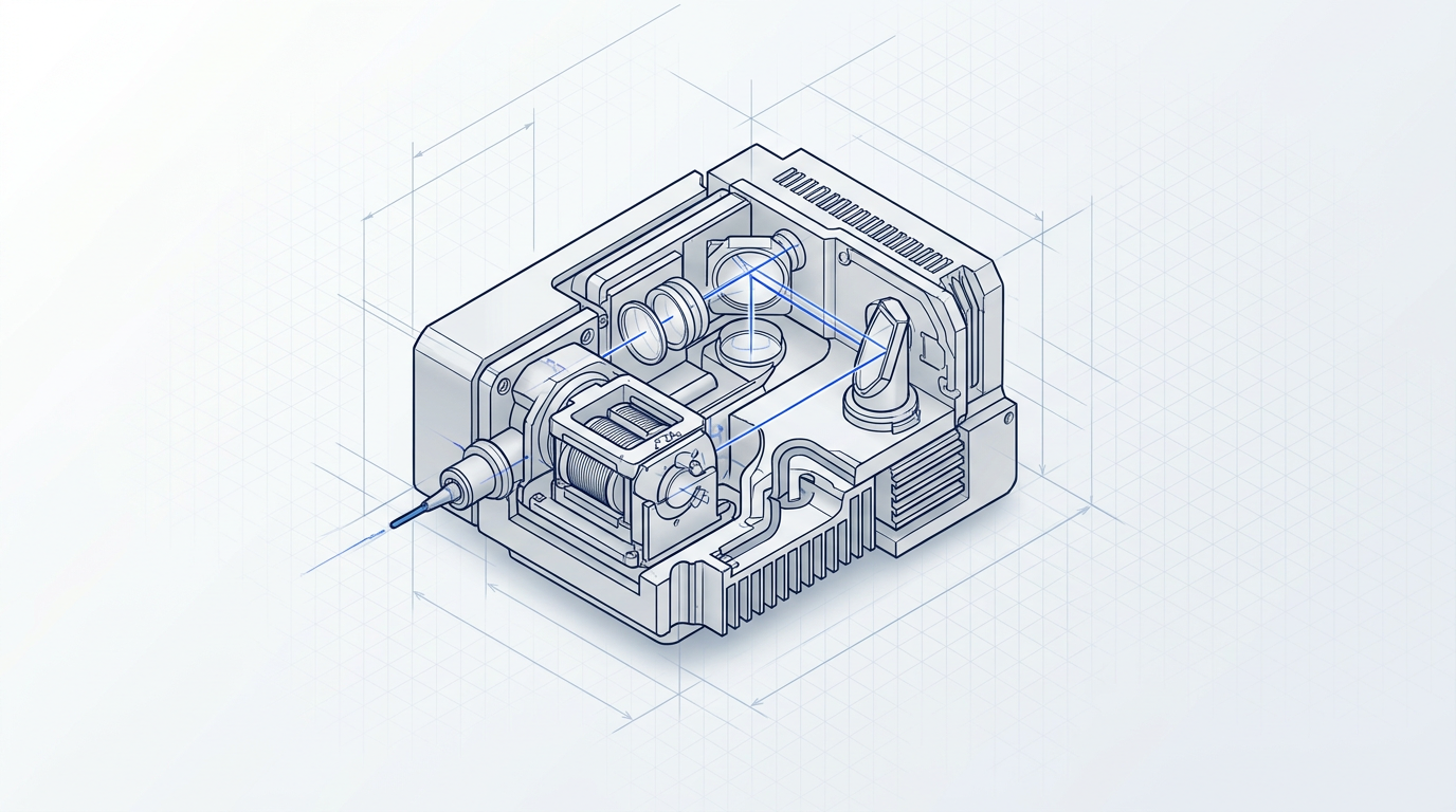 Technical isometric schematic of a laser scanning head assembly with internal optics, mirrors, electromagnetic coils, and fiber connection points rendered in navy and electric blue linework on a light grid background.