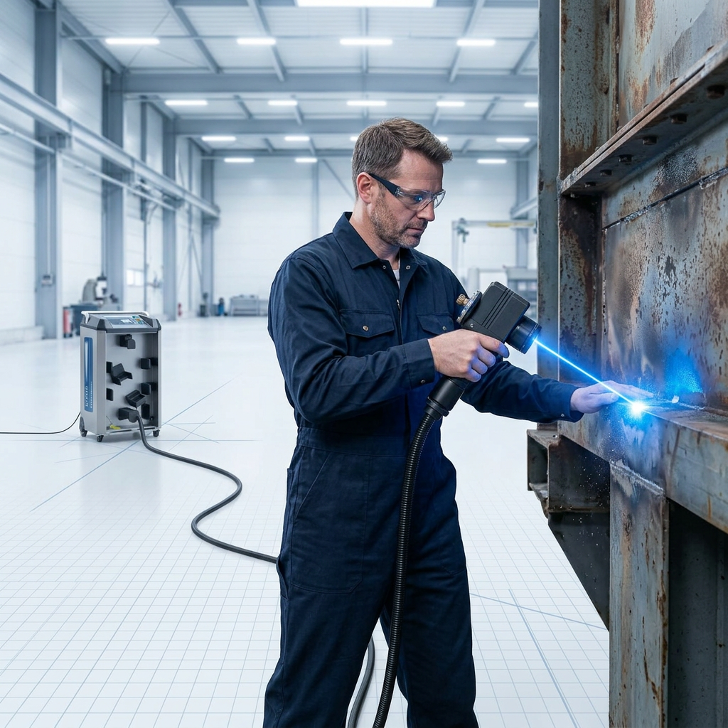 Industrial operator in dark coveralls using handheld ELASER laser scanner on weathered steel equipment, with wheeled ELASER unit visible at distance across factory floor connected by extended fibre cable.
