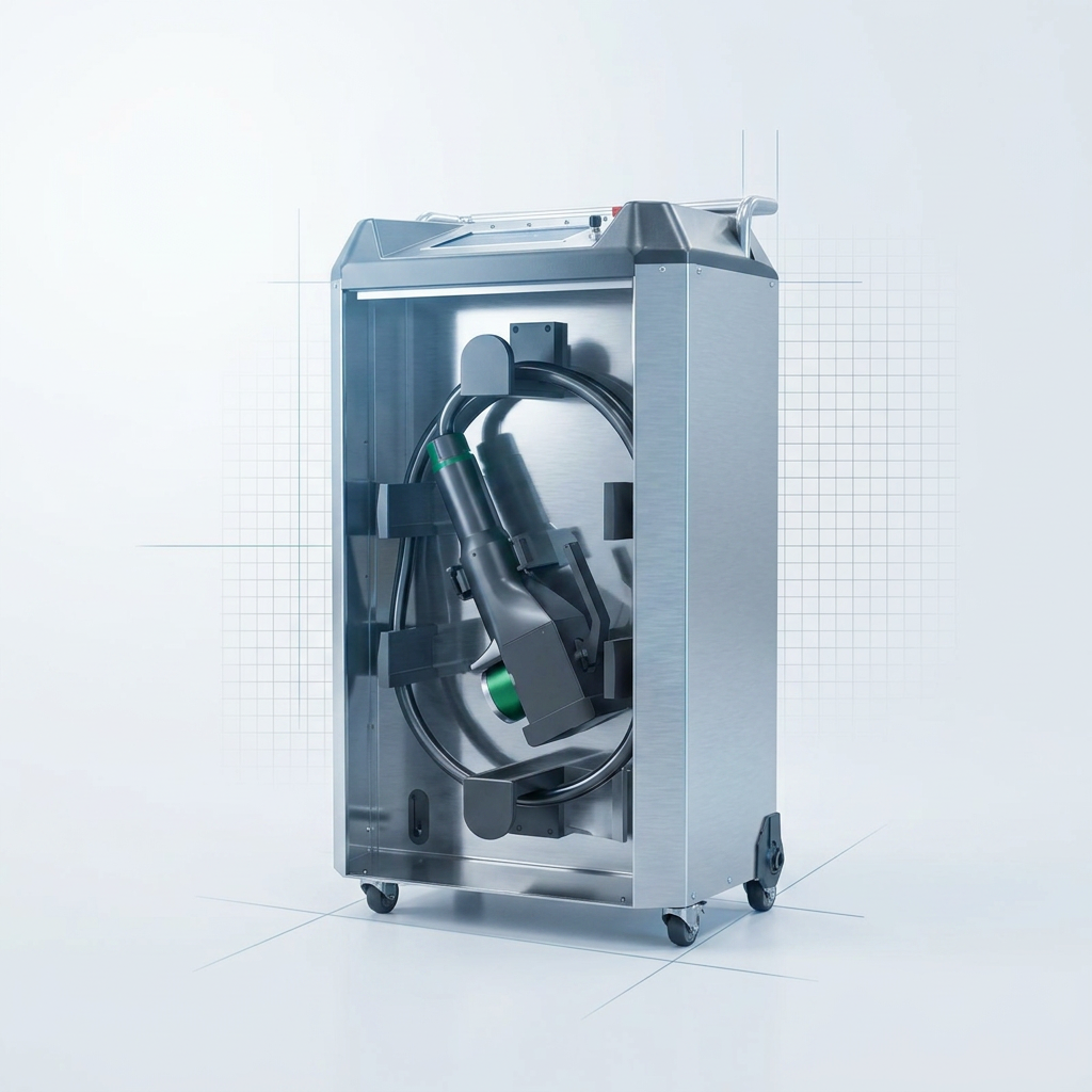 ELASER laser cleaning machine standing alone on wheeled base in bright industrial workspace, no external hoses, containers, or support equipment visible.