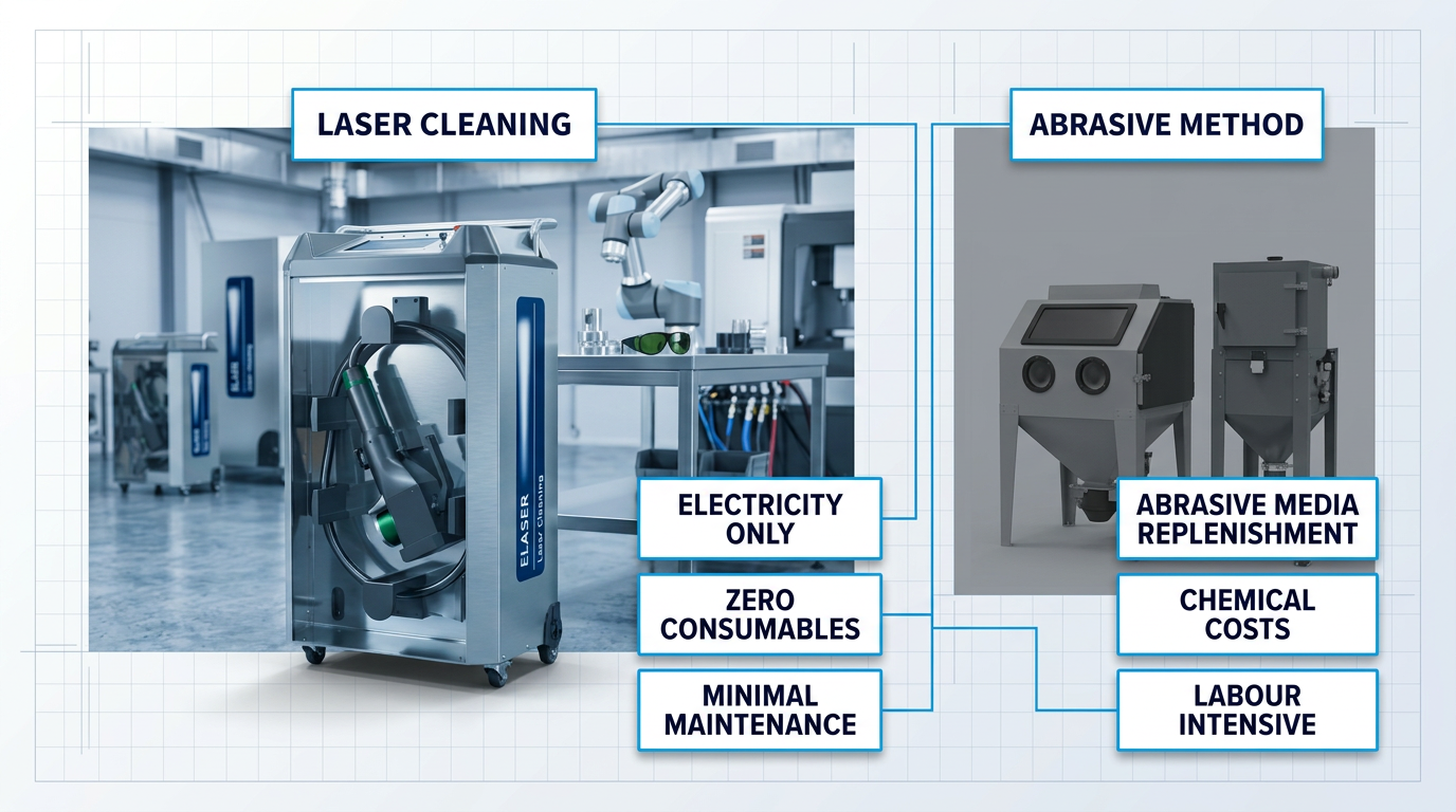 Laser cleaning system on left with electricity-only cost labels; abrasive sandblasting cabinet on right with stacked consumable and labour costs; blue connector lines linking cost comparison between methods.