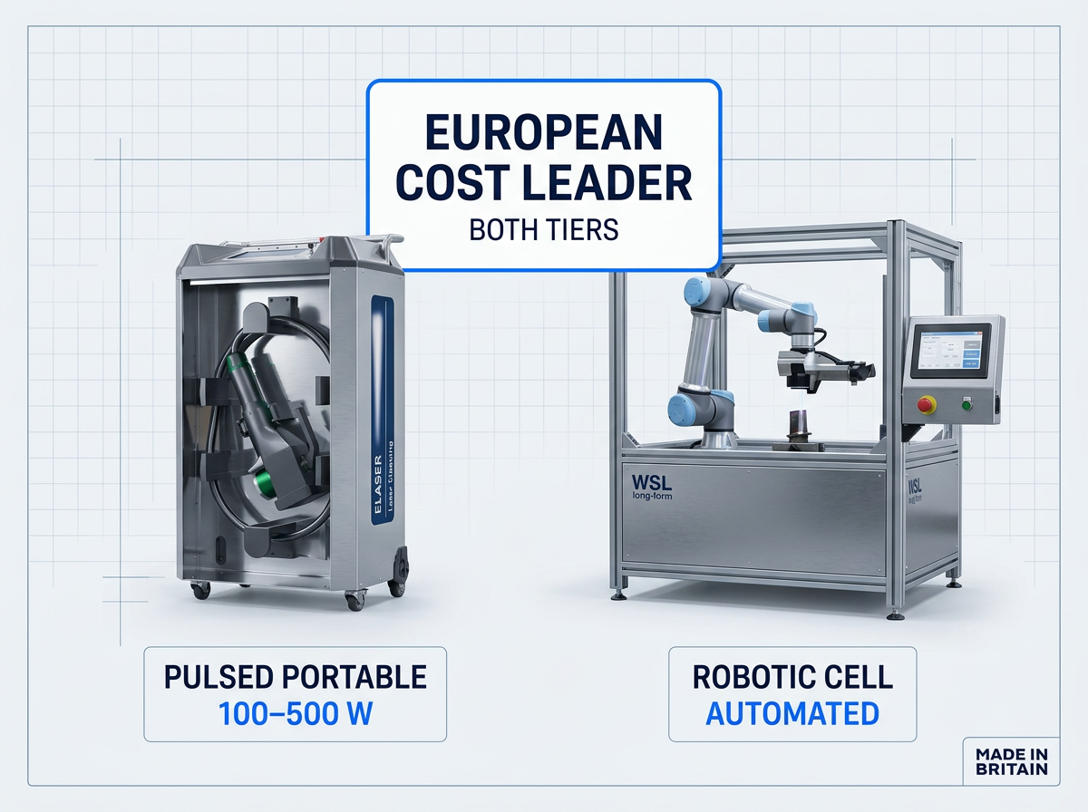 ELASER portable laser cleaning unit on left, AutoLASE robotic cell on right, positioned on industrial workbench with 'European Cost Leader Both Tiers' label above and product tier specifications below each system.