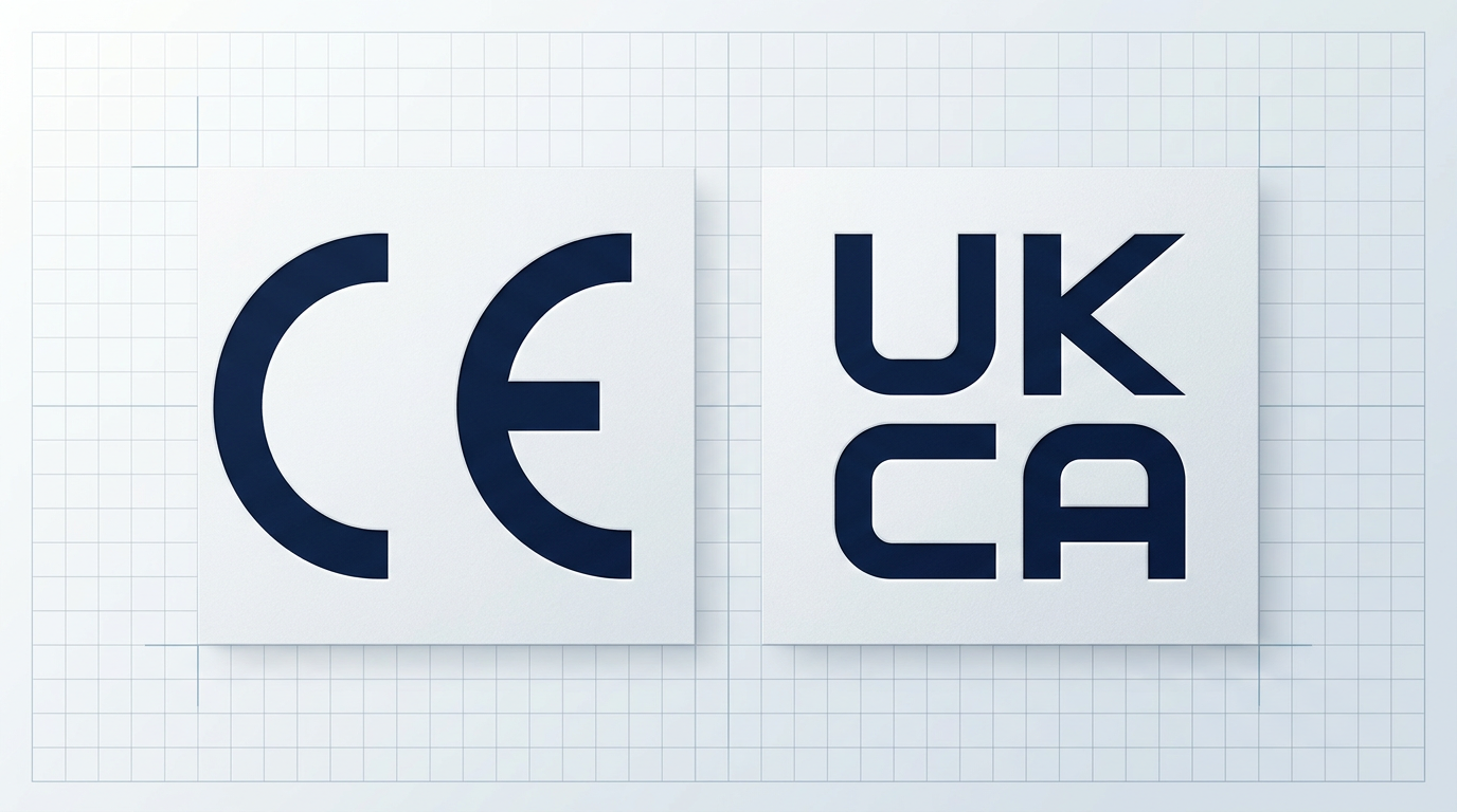 CE and UKCA certification marks rendered in deep navy on a clean light grey background, representing independent verification of UK and European safety standards.