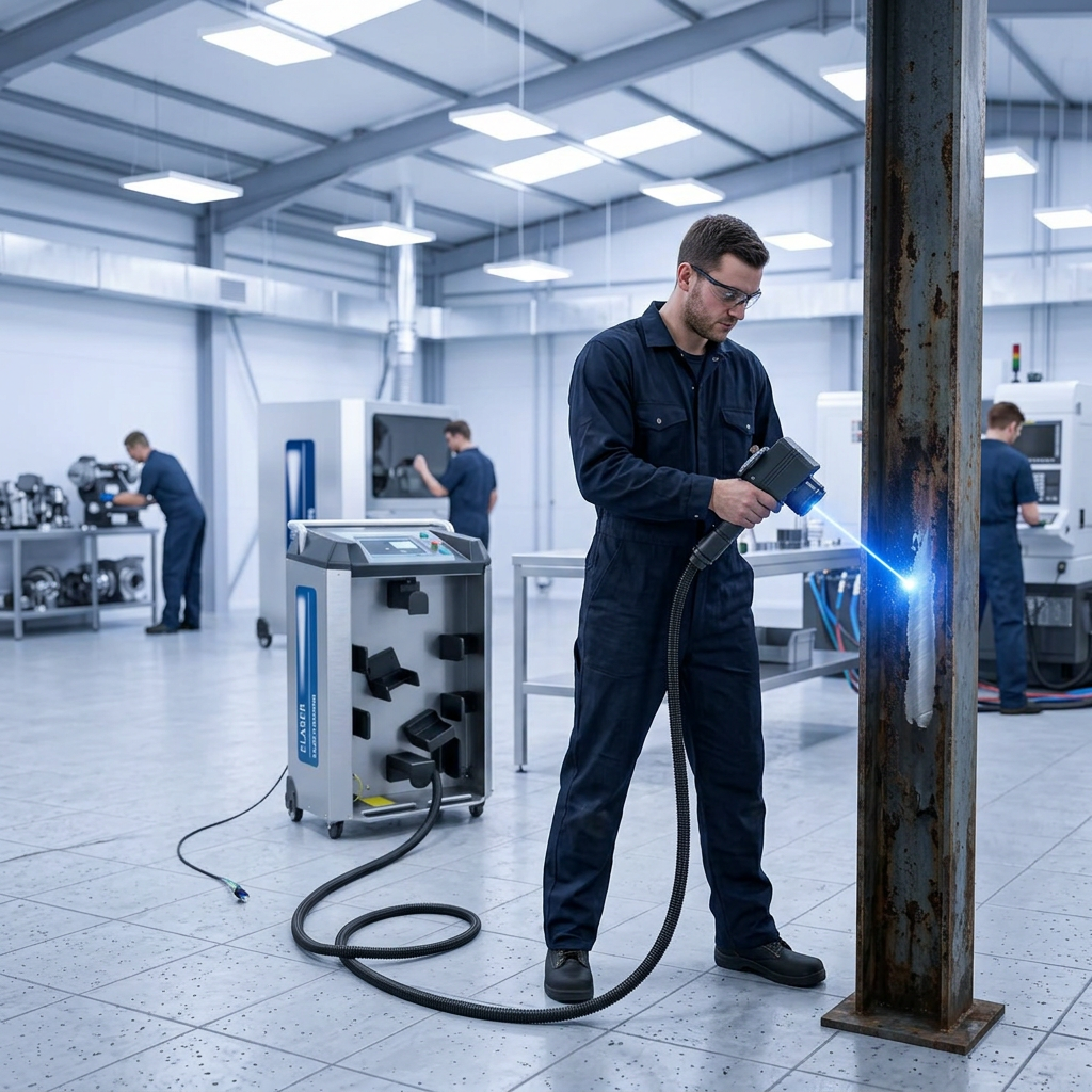 Industrial workshop operator in navy coveralls holding ELASER handheld laser scanner directed at oxidized metal surface, with electric blue laser contact point visible and background workers continuing uninterrupted at their stations.