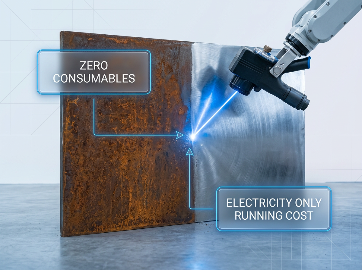 ELASER laser cleaning head in active use on rusted steel surface, showing stark before/after contrast with orange-brown rust on left transitioning to bright reflective cleaned metal on right, electric blue laser beam visible at cleaning line, industrial warehouse setting.